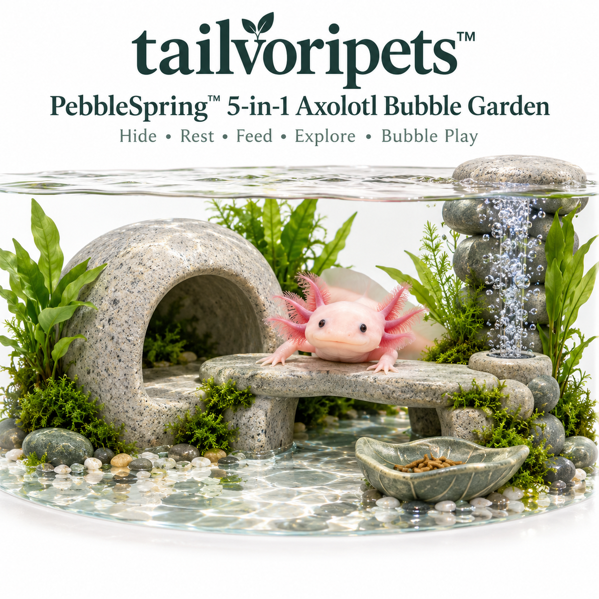 Tailvoripets™ PebbleSpring™ 5-in-1 Axolotl Bubble Garden – Hide Cave, Resting Bridge, Feeding Dish, Bubble Tower & Aquatic Enrichment Habitat for Axolotls