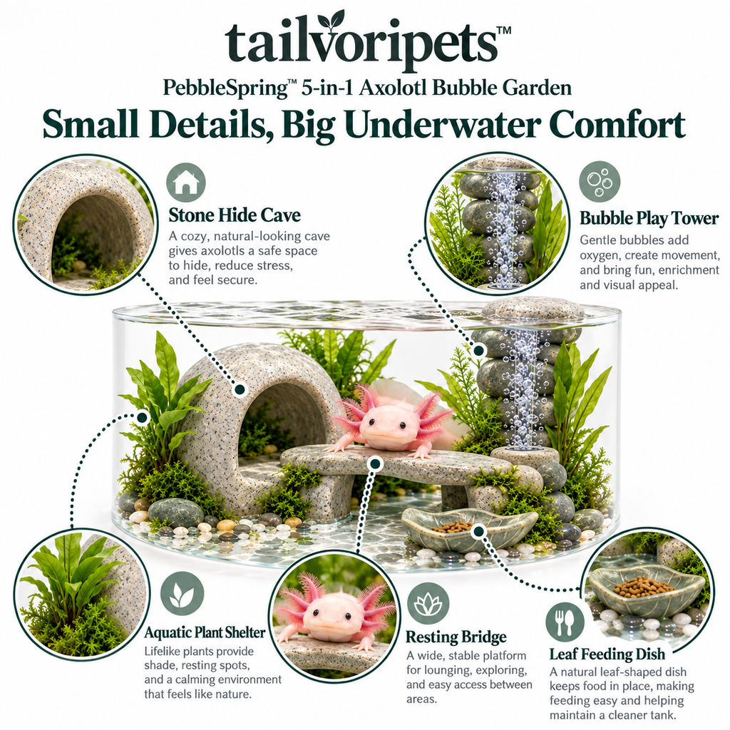 Tailvoripets™ PebbleSpring™ 5-in-1 Axolotl Bubble Garden – Hide Cave, Resting Bridge, Feeding Dish, Bubble Tower & Aquatic Enrichment Habitat for Axolotls