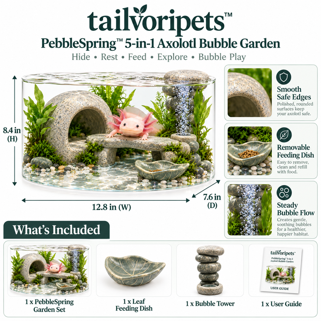 Tailvoripets™ PebbleSpring™ 5-in-1 Axolotl Bubble Garden – Hide Cave, Resting Bridge, Feeding Dish, Bubble Tower & Aquatic Enrichment Habitat for Axolotls