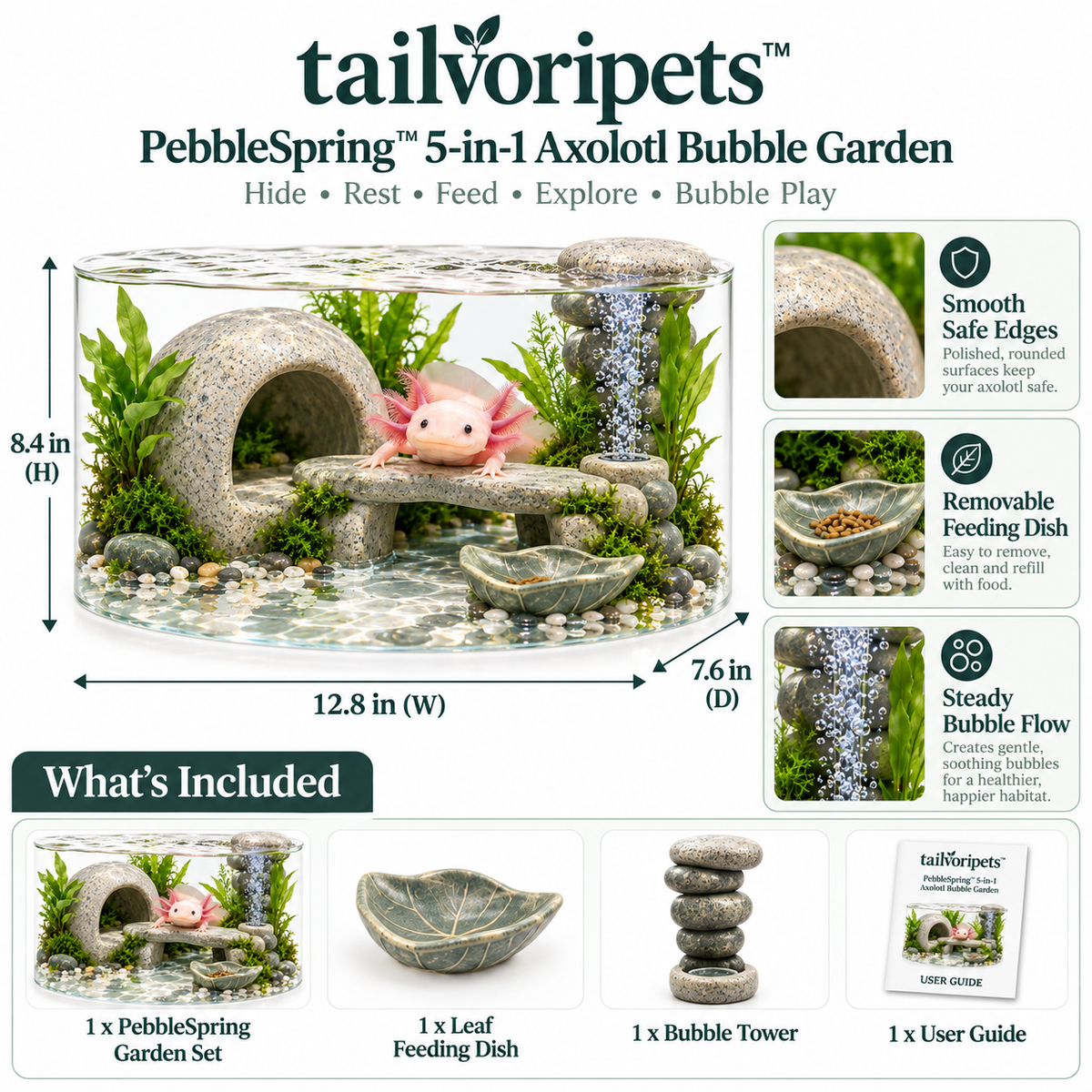Tailvoripets™ PebbleSpring™ 5-in-1 Axolotl Bubble Garden – Hide Cave, Resting Bridge, Feeding Dish, Bubble Tower & Aquatic Enrichment Habitat for Axolotls