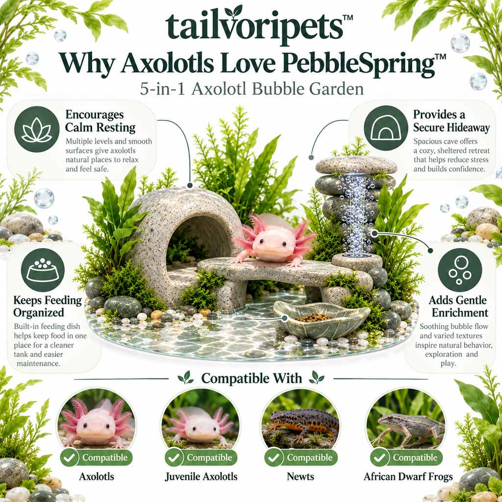 Tailvoripets™ PebbleSpring™ 5-in-1 Axolotl Bubble Garden – Hide Cave, Resting Bridge, Feeding Dish, Bubble Tower & Aquatic Enrichment Habitat for Axolotls