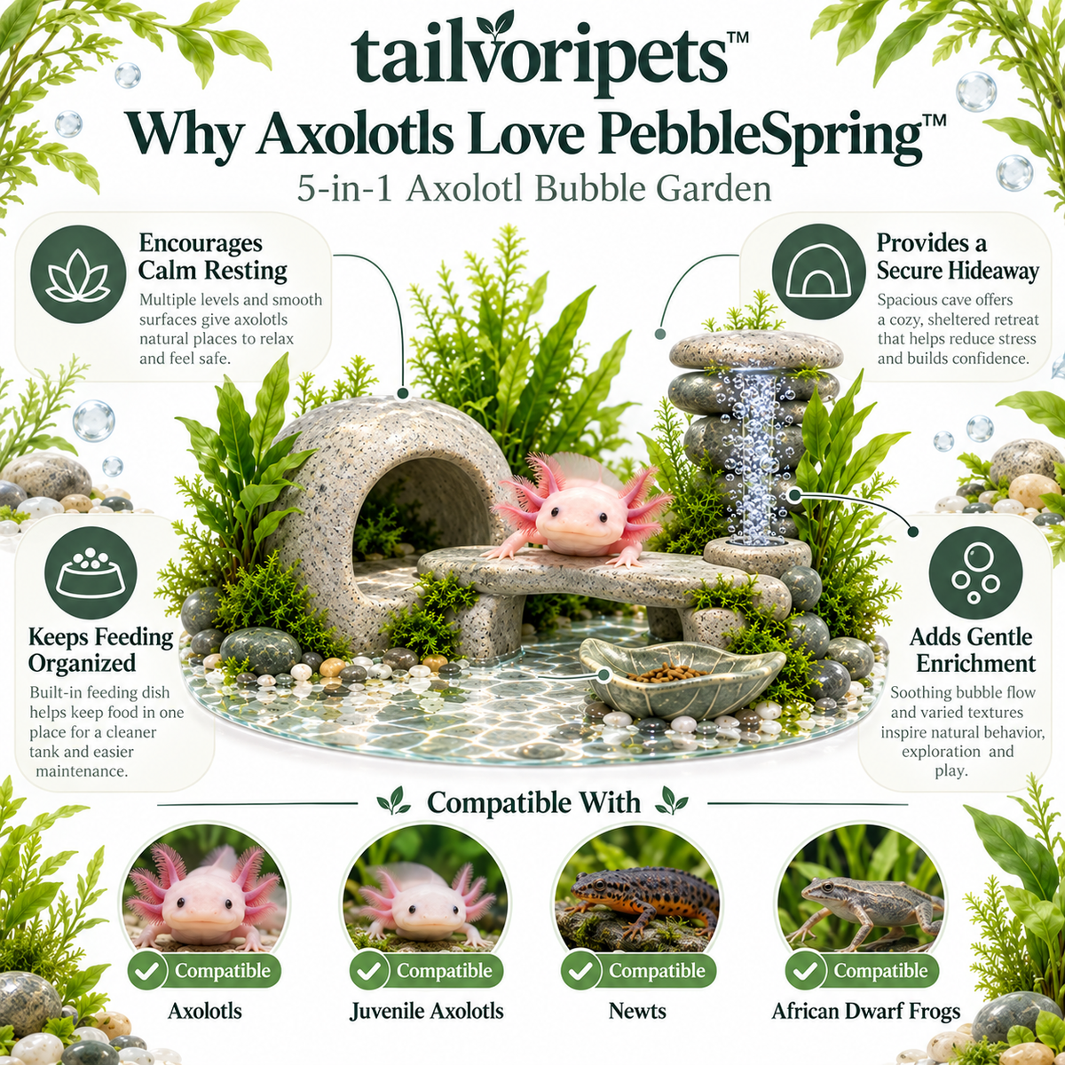Tailvoripets™ PebbleSpring™ 5-in-1 Axolotl Bubble Garden – Hide Cave, Resting Bridge, Feeding Dish, Bubble Tower & Aquatic Enrichment Habitat for Axolotls