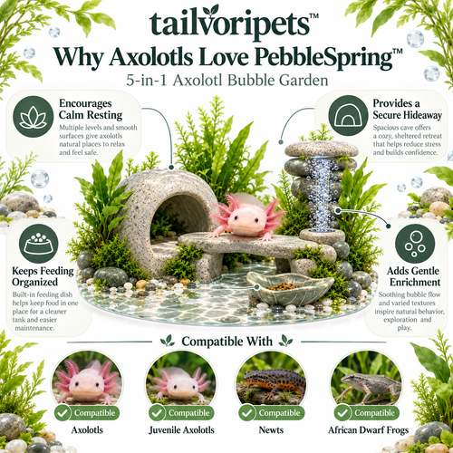 Tailvoripets™ PebbleSpring™ 5-in-1 Axolotl Bubble Garden – Hide Cave, Resting Bridge, Feeding Dish, Bubble Tower & Aquatic Enrichment Habitat for Axolotls